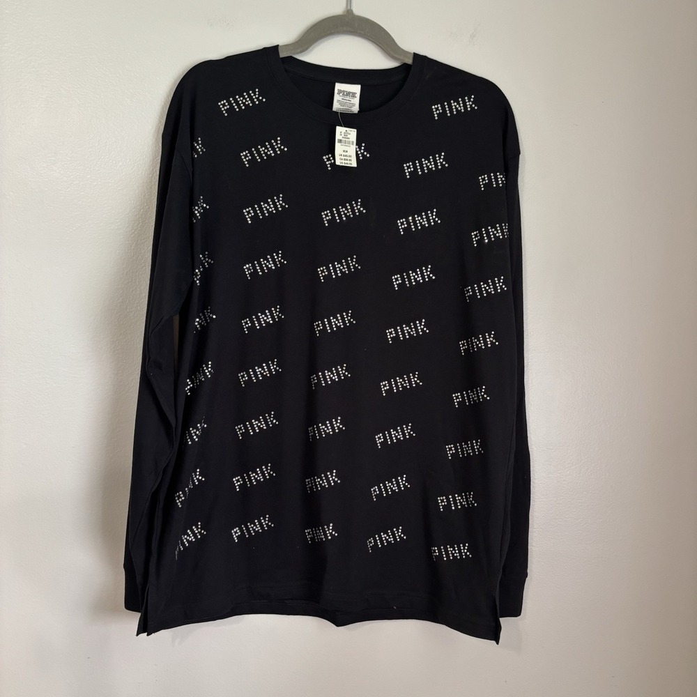 Victoria's Secret Pink Bling Black Campus Rhinestone Long Sleeve Size Med NWT